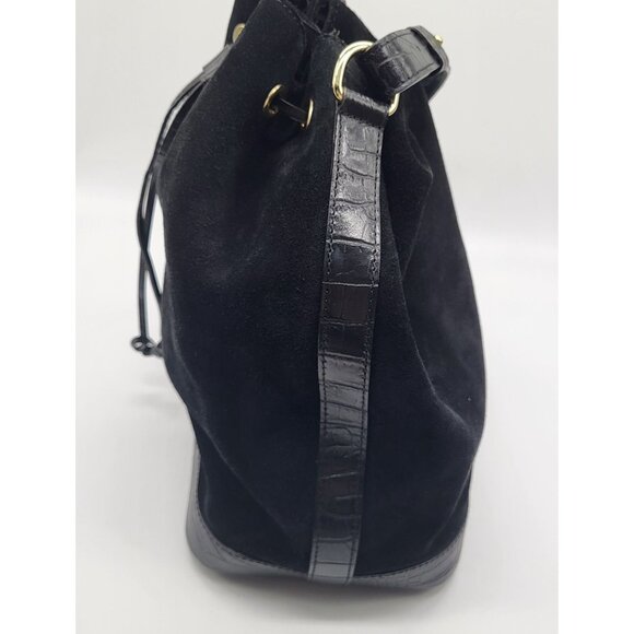 ISADORA Suede Leather Bucket Pouch Purse Shoulder Bag Black Drawstring Italy - Picture 4 of 14
